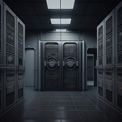 Poster - Generative AI illustration of server room data center. Server room with hard drives.