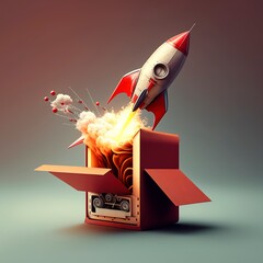 launch of a crimson rocket from a precious metal carton box. Concept for a successful start, Generative AI.