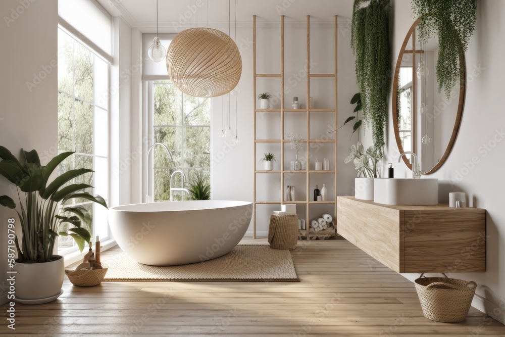 Elegant bathroom with white and beige walls, white basin with oval ...