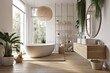 Elegant bathroom with white and beige walls, white basin with oval mirror, bathtub, shower, plants, and dark parquet floor. Modern minimalist bathroom. Generative AI