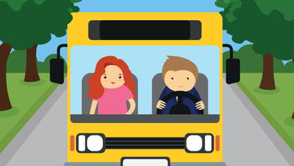 Wall Mural - School bus vector illustration in flat design style. School bus driver and passenger.