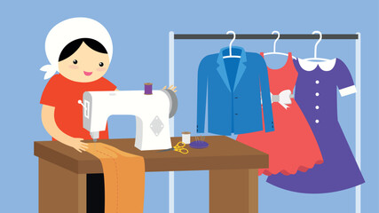 Canvas Print - Vector illustration of a seamstress with a sewing machine and clothes.