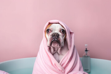 Wall Mural - Abstract relaxing creative concept, a small cute dog wrapped in a towel, in a pastel pink bathrobe in the bathtub. Dog spa, dog bathing and grooming. Illustration, Generative AI.