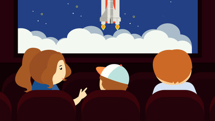 Poster - Illustration of kids watching a rocket launch from a movie theater.