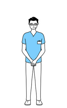 手を組んでお辞儀する中年・シニア男性看護師、理学療法士、作業療法士、言語聴覚士、看護助手