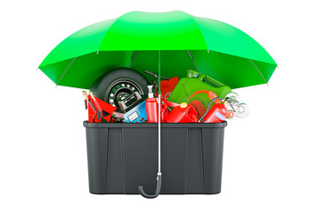 Poster - Plastic box full of car tools, equipment and accessories under umbrella. 3D rendering