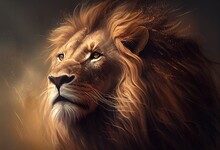 Lion Head Digital Painting Illustration. AI Generative.
