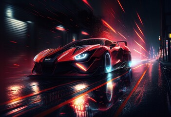 Futuristic red car in dark with light trails illustration. AI generative.