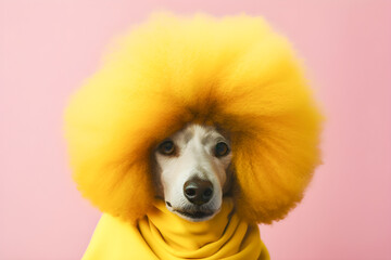 Wall Mural - 60s fashion dog portrait with huge afro, antrophomorfic dogs, Generative AI