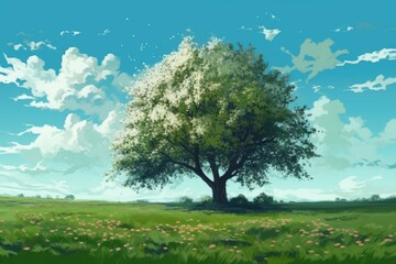 Wall Mural - majestic tree standing alone in a vast green field. Generative AI