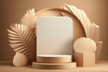 3d render, abstract background, geometric forms, podium for product presentation, the minimal scene with palm leaves, Generative Ai