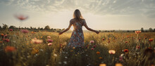 Blonde Woman On Summer Dress Standing In Wildflowers Field, Generative AI