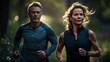 © Cavan Images - Image Generated AI. Mid age couple running in the park, Generative AI