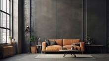 Stylish Interior Design Background. Industrial Living Room. Generative AI.