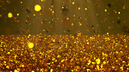 Wall Mural - golden glitter, shiny particles on dark background with depth of field effect