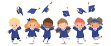 Group Of Kids In Graduation Suits Jumping And Throwing Graduation Caps On White Background