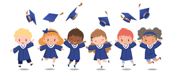 Group of kids in graduation suits jumping and throwing graduation caps on white background