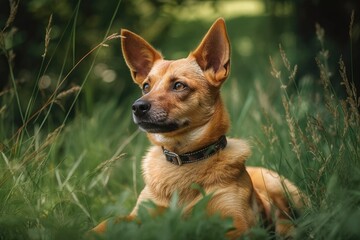 Wall Mural - Young lively dog outside on a background of lush summer grass. Generative AI