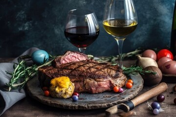 delicious steak dinner with two glasses of wine on a table. Generative AI