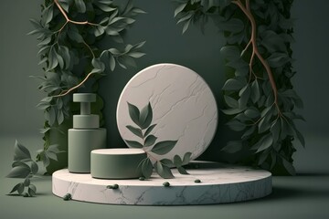 Poster - Generative AI illustration of minimal display podium for product presentation with green leaves and plants