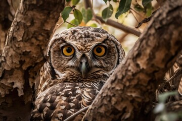 Canvas Print - A spotted owl peeking out from under tree branches. Generative AI