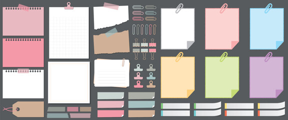 Note paper with pin, binder clip. Blank sheet, sticky note, torn piece of paper and notebook page. Templates for a note message. Vector illustration.