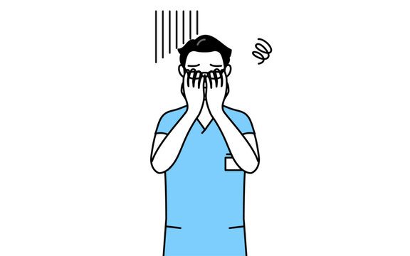 落ち込んで顔を覆う中年・シニア男性看護師、理学療法士、作業療法士、言語聴覚士、看護助手