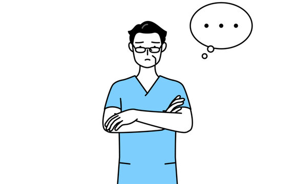 腕を組んで考える中年・シニア男性看護師、理学療法士、作業療法士、言語聴覚士、看護助手