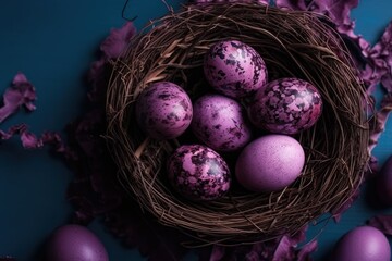 Canvas Print - nest with purple eggs on a bed of purple leaves. Generative AI