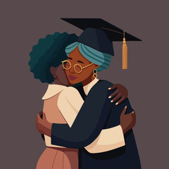 Black mother, sister or friend hugging and support graduate with graduate cap on the head. Concept for happy graduation poster or card template design. Flat vector illustration. Generative AI