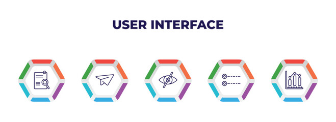 Poster - editable outline icons with infographic template. infographic for user interface concept. included search file, flying origami airplane, hidden, radio button, data analytics bars icons.