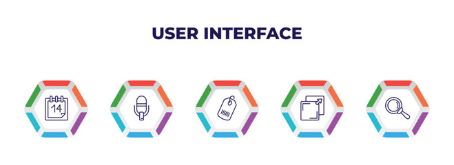 Poster - editable outline icons with infographic template. infographic for user interface concept. included daily calendar day 14, record voice button, shopping label, new tab button, glass material icons.