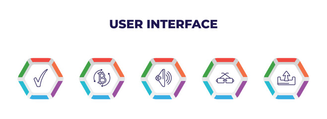 Poster - editable outline icons with infographic template. infographic for user interface concept. included tick mark, digital currency, high volume loudspeaker, square glasses, extract button icons.