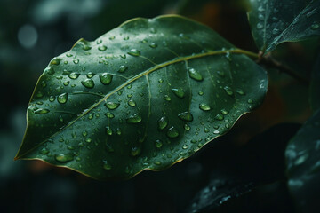Wall Mural - Beautiful green leaves with drops of water. Generative AI	