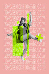 Poster - Collage banner poster photo image magazine sketch of positive joyful lady dancing hiphop good mood isolated on drawing pink background