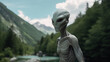 © Aiakos - Humanoid alien sitting in a forest photographed. Generative AI.