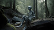 © Aiakos - Humanoid alien sitting in a forest photographed. Generative AI.