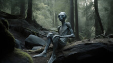 Humanoid Alien Sitting In A Forest Photographed. Generative AI.