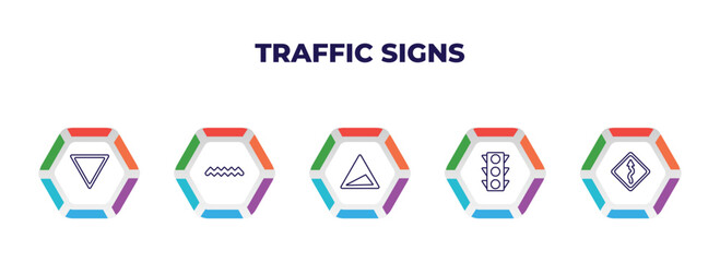 Sticker - editable outline icons with infographic template. infographic for traffic signs concept. included yield, zig zag, slope, traffic lights, winding road icons.