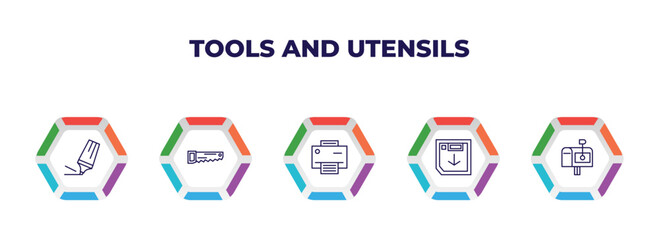 Poster - editable outline icons with infographic template. infographic for tools and utensils concept. included highlight, carpentry, print button, face down floppy disk, postage icons.
