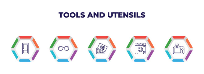 Poster - editable outline icons with infographic template. infographic for tools and utensils concept. included doors, optical, chote box, top load washer, camera with flash icons.