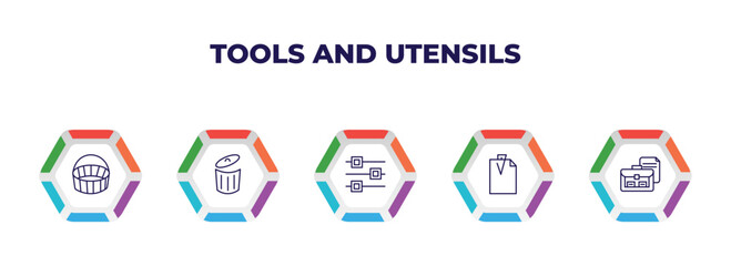 Poster - editable outline icons with infographic template. infographic for tools and utensils concept. included empty shopping basket, trash can open, edit tools, attachments, briefcase and document icons.