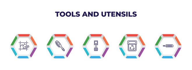 Poster - editable outline icons with infographic template. infographic for tools and utensils concept. included edit picture, combs, piston on, recycling bin, body thermometer icons.