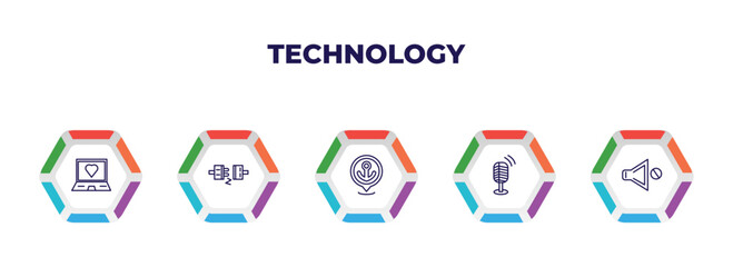 Poster - editable outline icons with infographic template. infographic for technology concept. included laptop with a heart, plugs, dock, vintage mic, no audio icons.