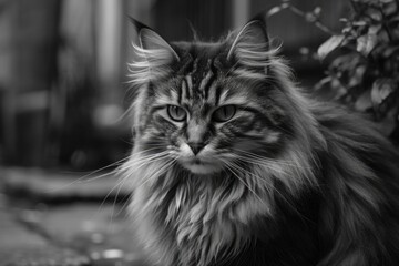 Canvas Print - Black and white street cat with long hair. Generative AI