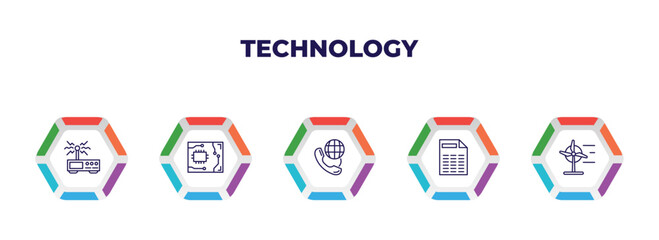 Poster - editable outline icons with infographic template. infographic for technology concept. included wireless transmitter, circuit board, international call, spreadsheet, wind power icons.