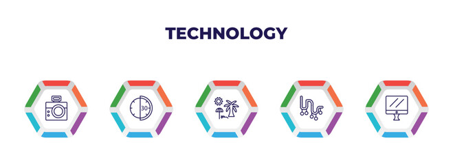 Poster - editable outline icons with infographic template. infographic for technology concept. included retro squared camera, half hour, holidays, tinsel, simple screen icons.