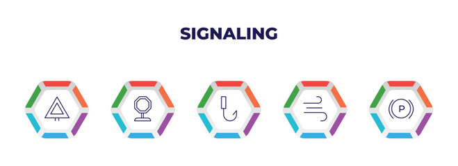 Poster - editable outline icons with infographic template. infographic for signaling concept. included give way, pit stop, no hooks, on air, parking brake icons.