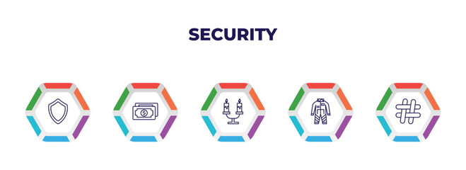 Poster - editable outline icons with infographic template. infographic for security concept. included black shield, two dollar bills, candles light, race suit, hash icons.