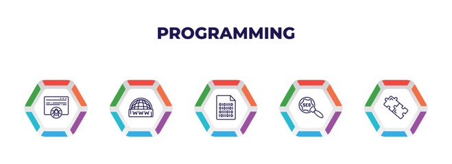 Poster - editable outline icons with infographic template. infographic for programming concept. included bug report, www, binary file, seo, addon icons.